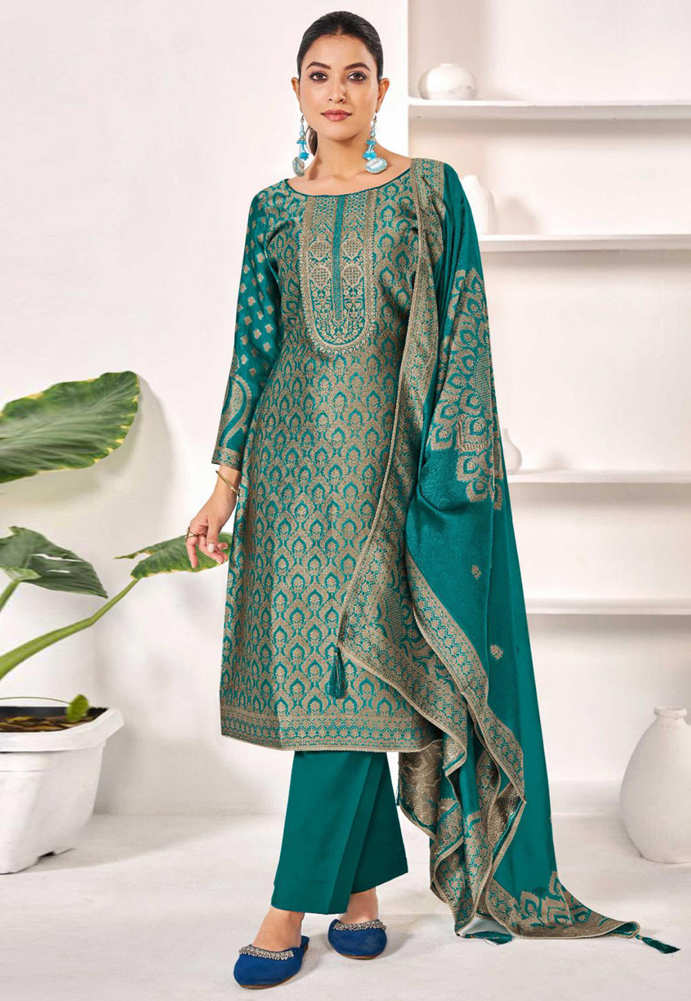 Teal Silk Pakistani Suit 309521
