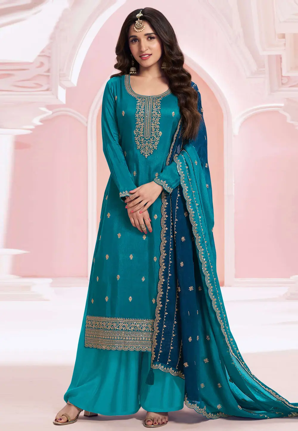 Teal Silk Pakistani Suit 300395