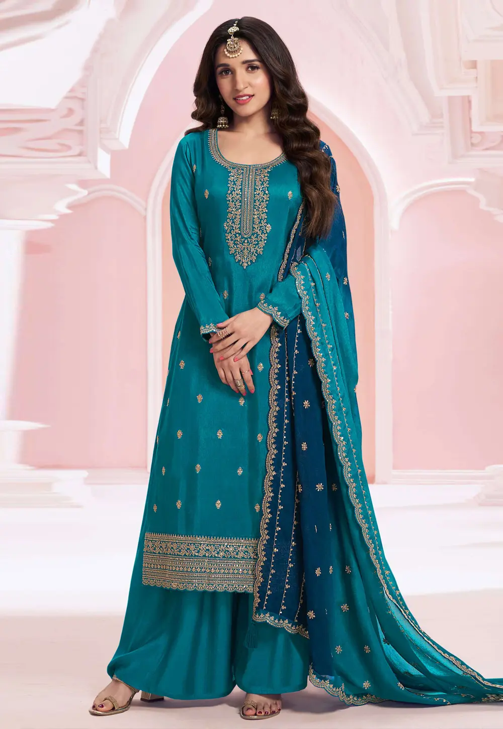 Teal Silk Pakistani Suit 300395