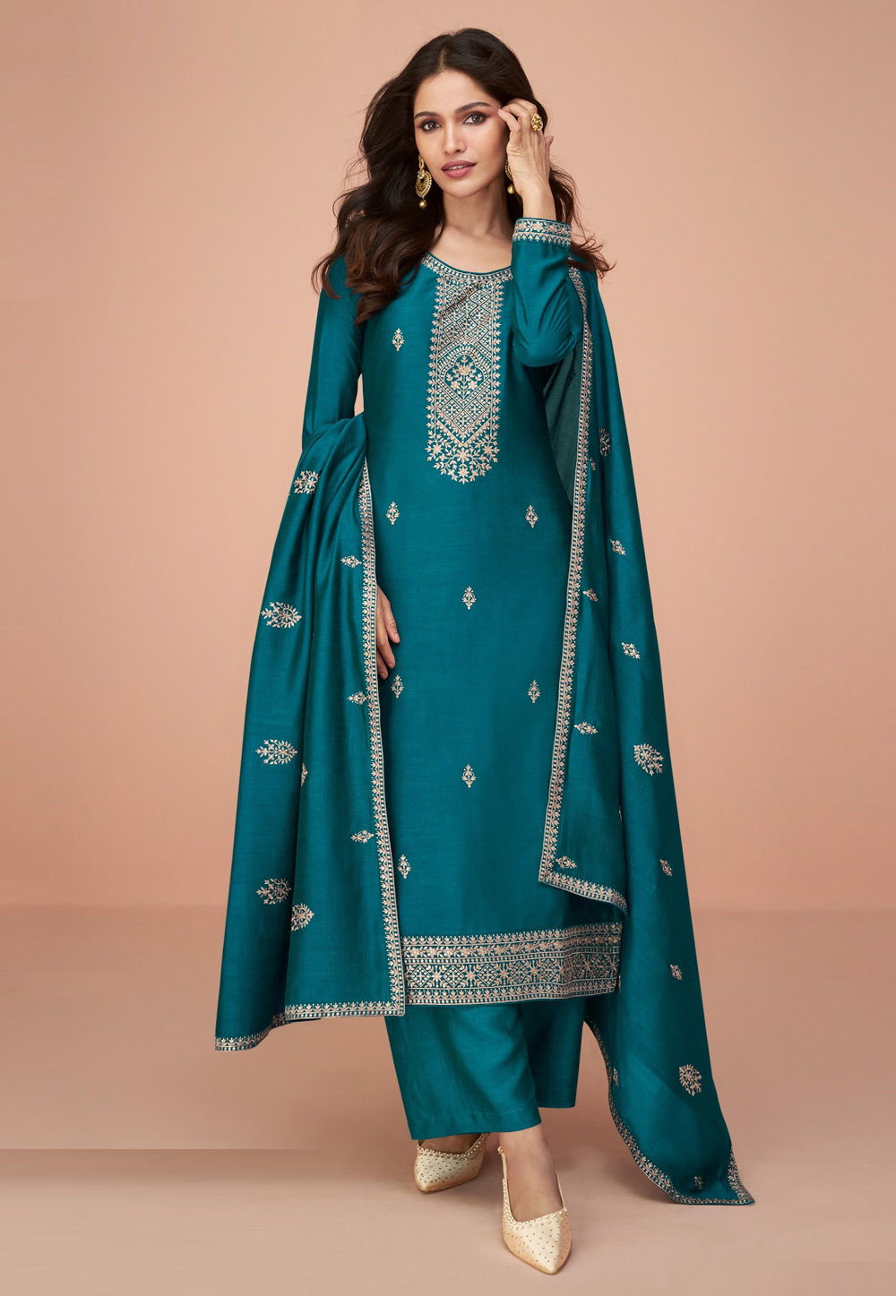 Teal Silk Pakistani Suit 280869