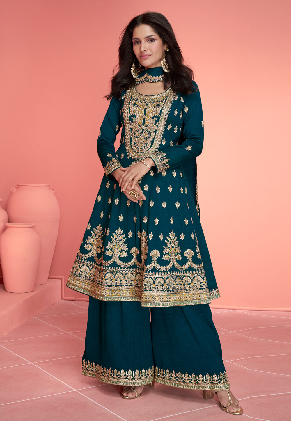 Teal Silk Pakistani Suit 282330