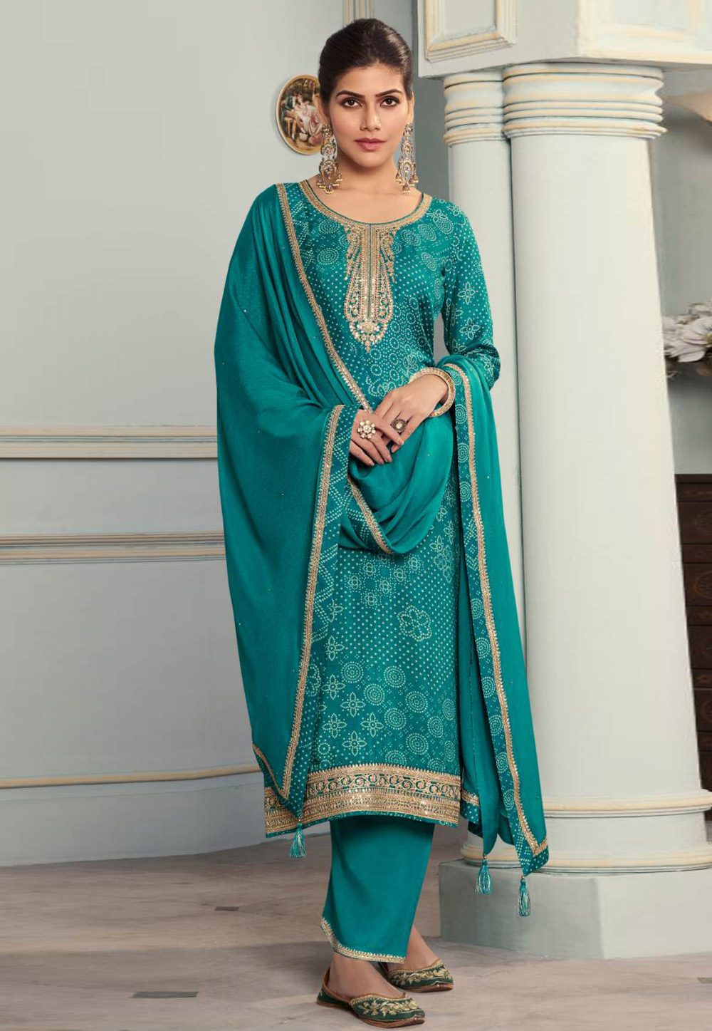 Teal Silk Palazzo Suit 310910