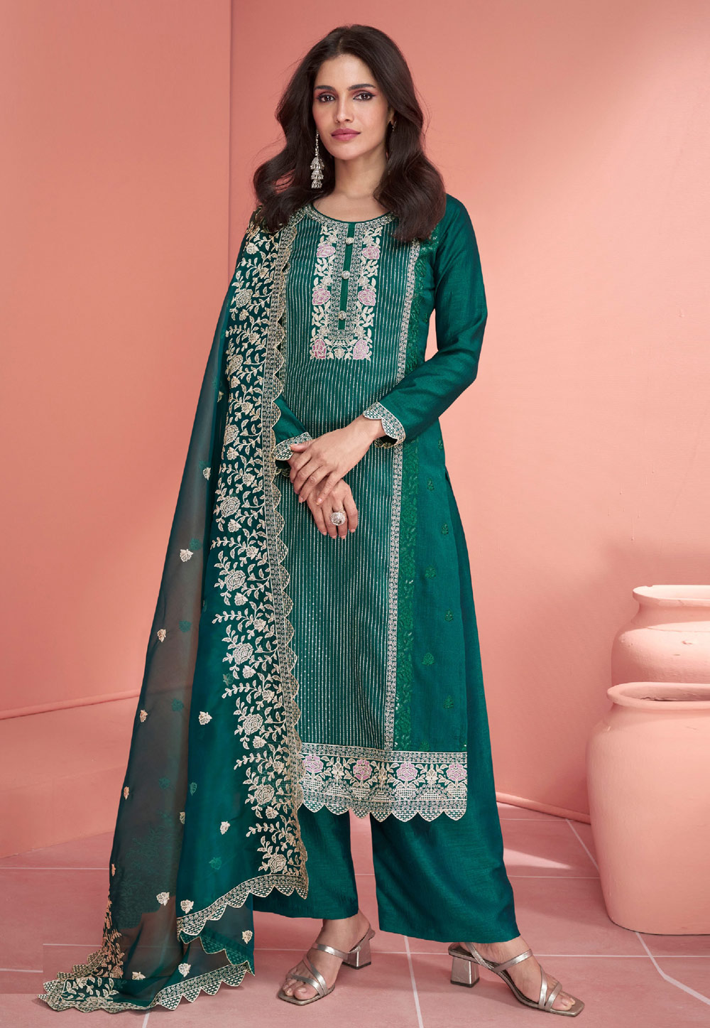 Teal Silk Palazzo Suit 283284