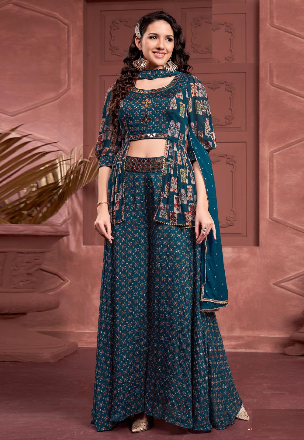 Teal Silk Palazzo With Crop Top 310873