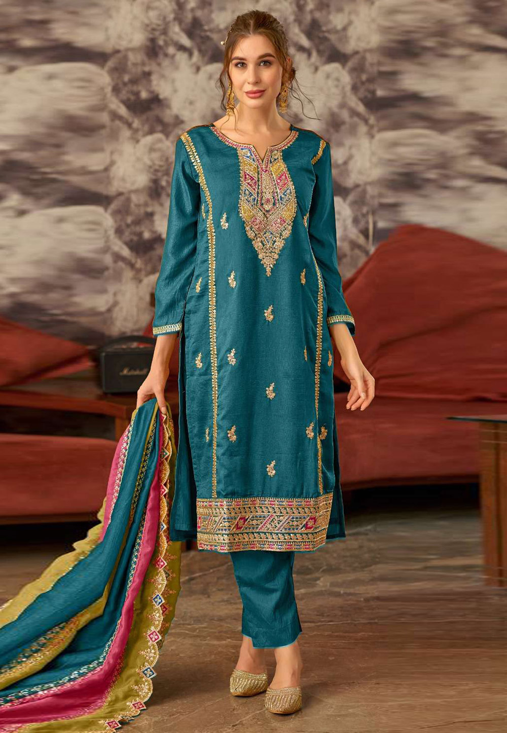 Teal Silk Pant Style Suit 286660