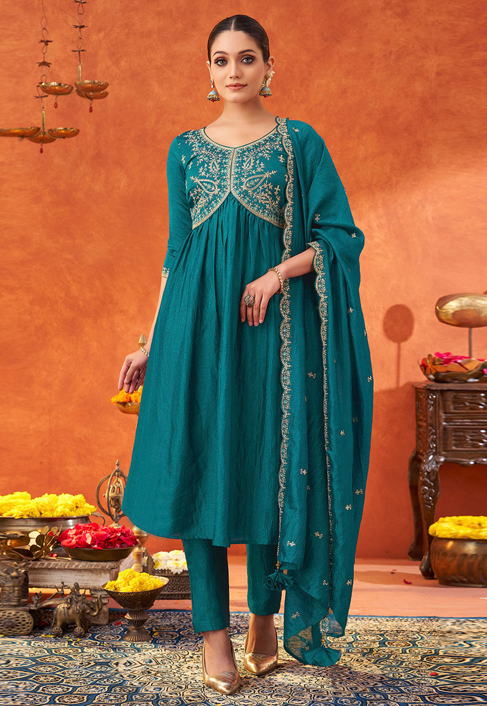 Teal Silk Readymade Anarkali Suit 310580