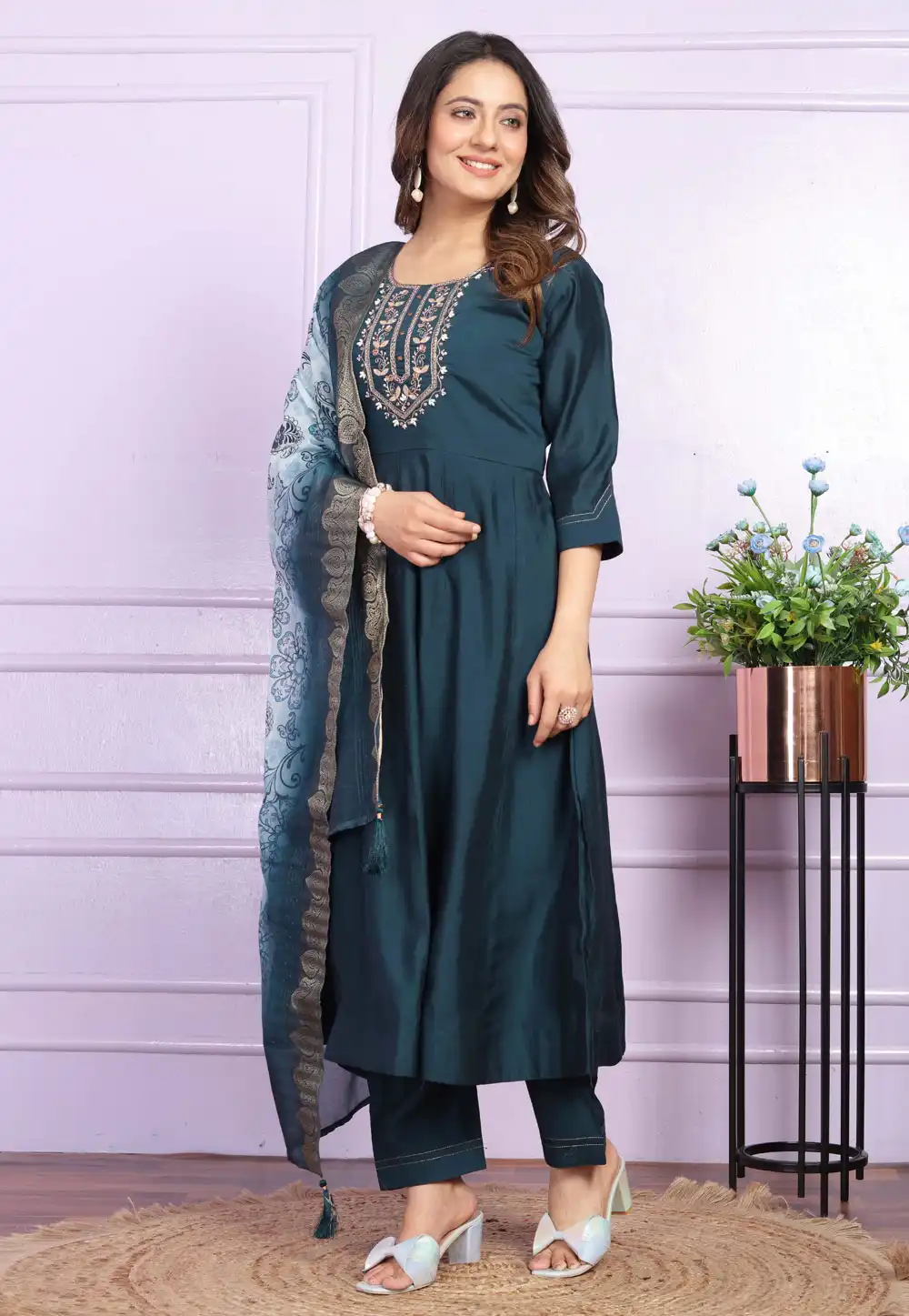 Teal Silk Readymade Anarkali Suit 289153