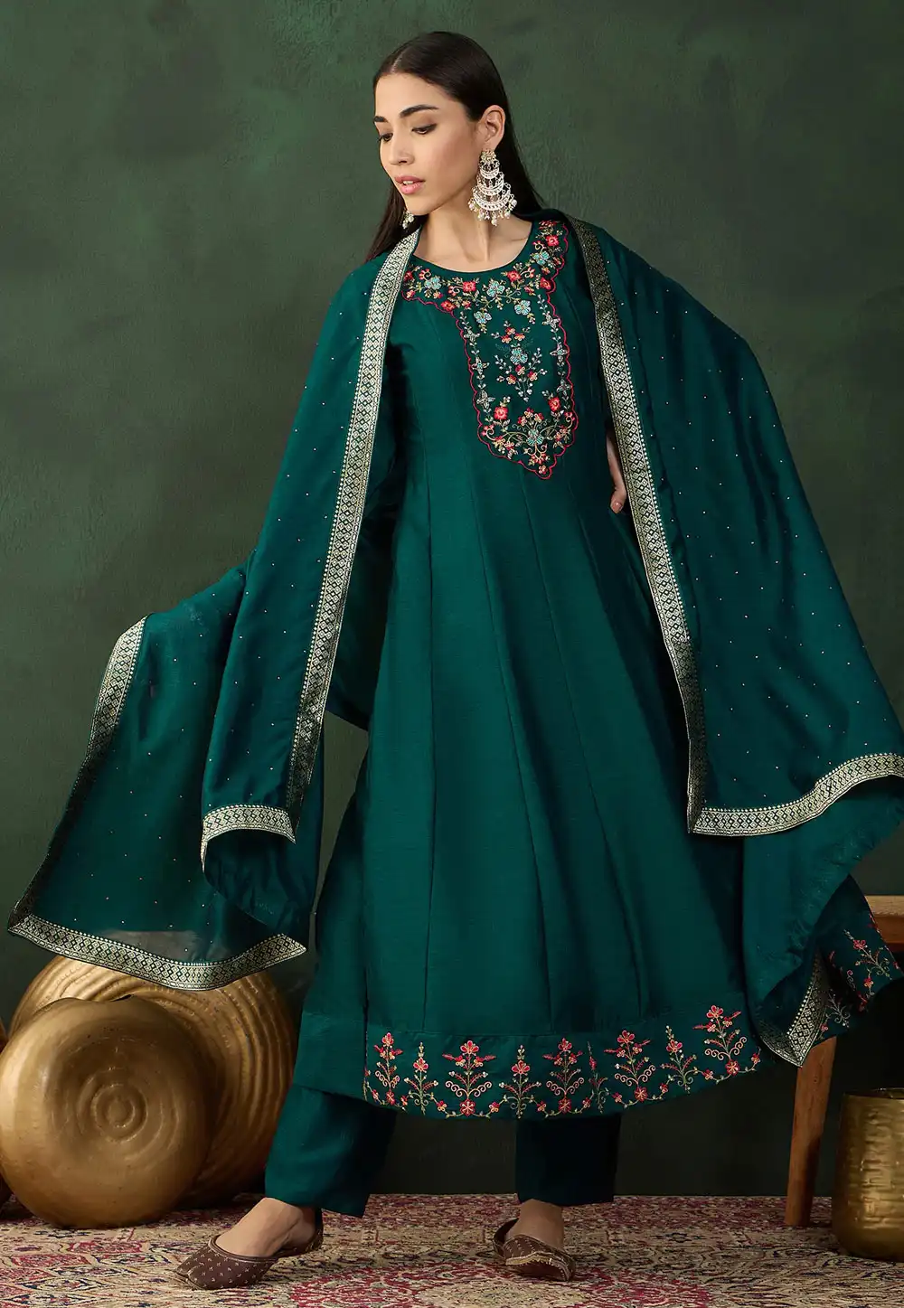 Teal Silk Readymade Anarkali Suit 293527