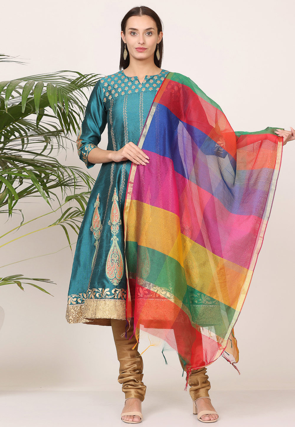 Teal Silk Readymade Churidar Salwar Suit 305509