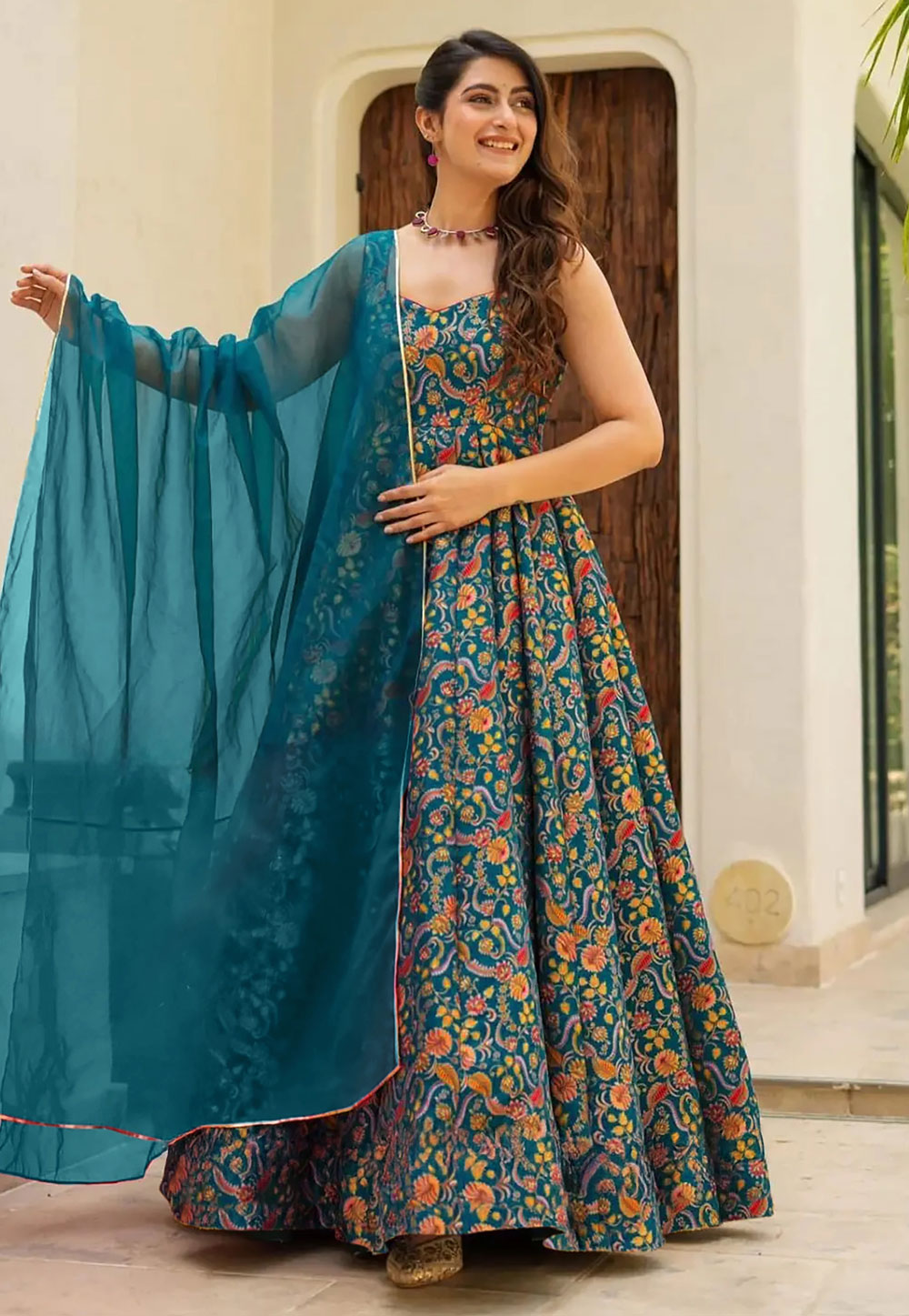 Teal Silk Readymade Long Anarkali Suit 306176