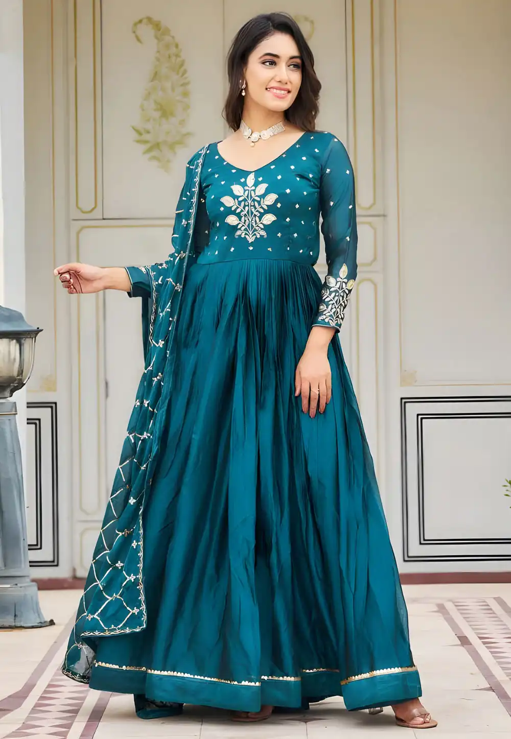 Teal Silk Readymade Long Anarkali Suit 294465