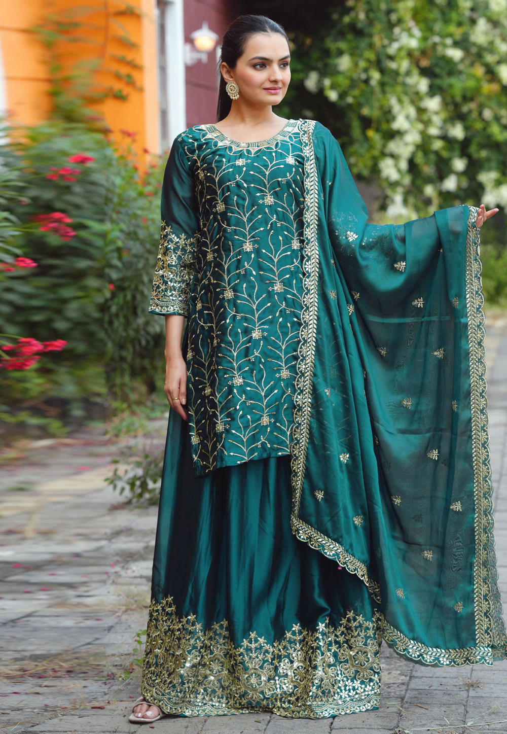 Teal Silk Readymade Long Choli Lehenga 305116