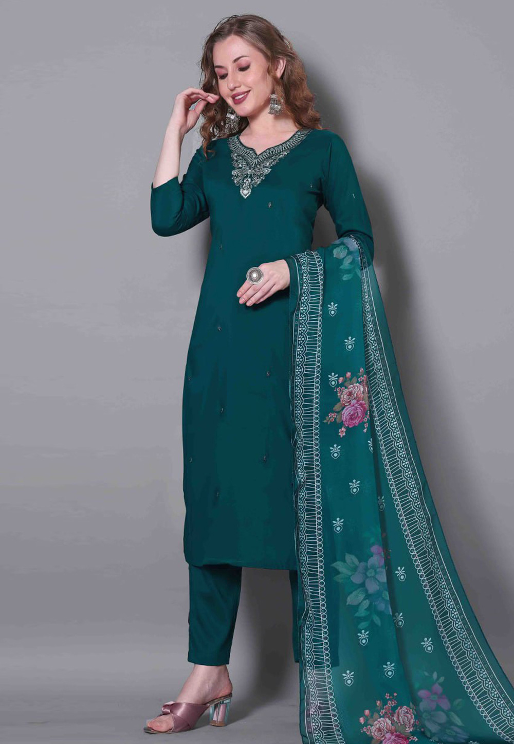 Teal Silk Readymade Pakistani Suit 305504