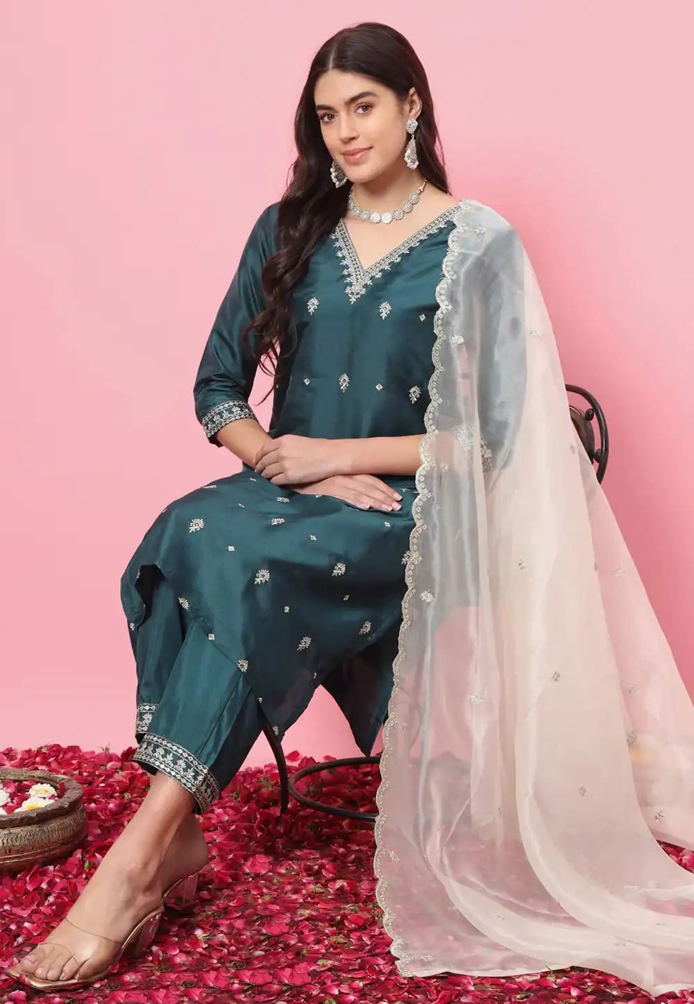 Teal Silk Readymade Pakistani Suit 289356