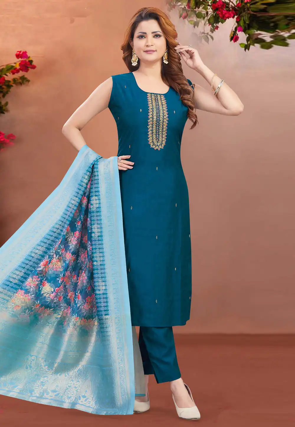 Teal Silk Readymade Pakistani Suit 294077