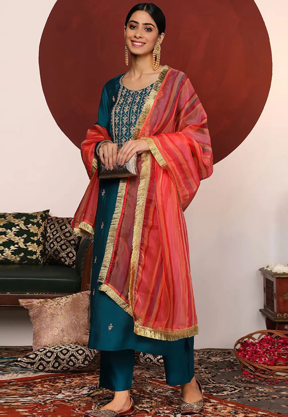 Teal Silk Readymade Pakistani Suit 302865