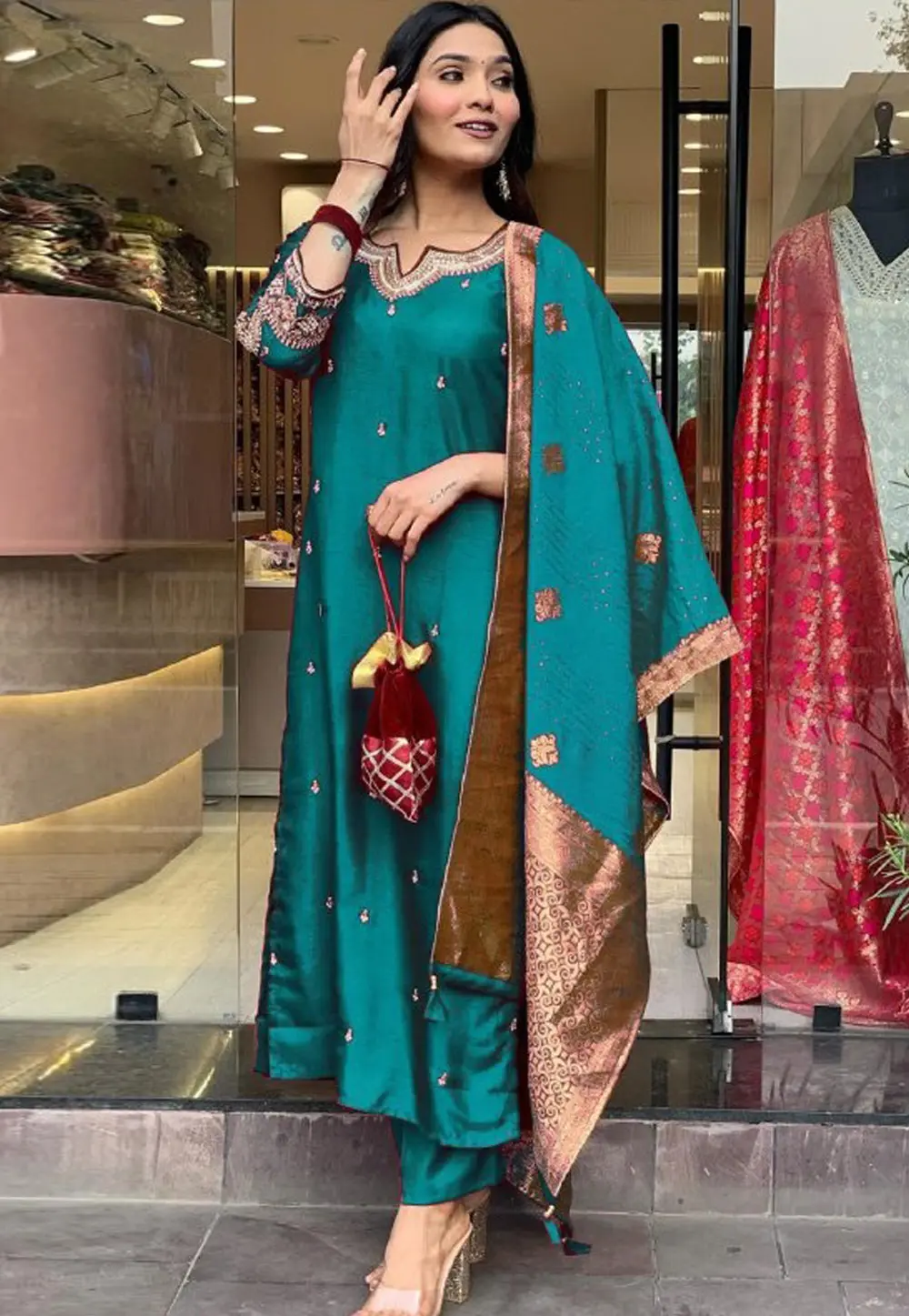 Teal Silk Readymade Pakistani Suit 304407