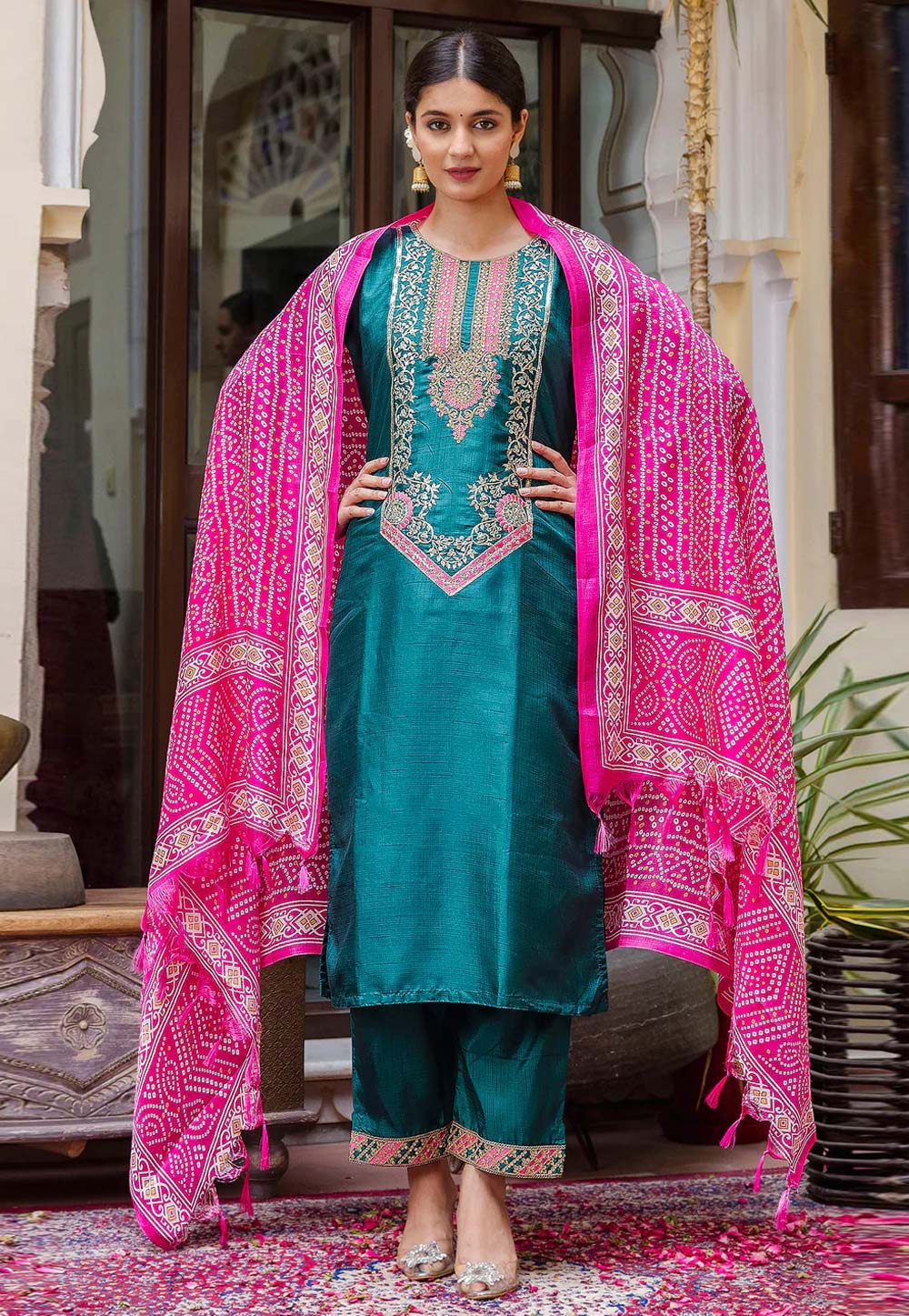 Teal Silk Readymade Pakistani Suit 309175