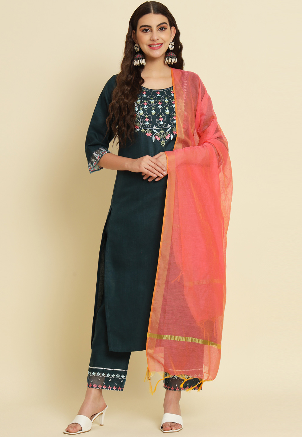 Teal Silk Readymade Pakistani Suit 310181