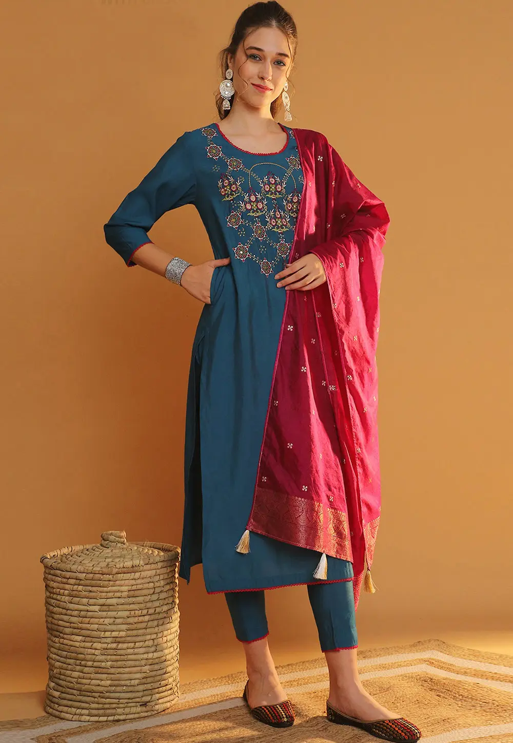 Teal Silk Readymade Pakistani Suit 301925