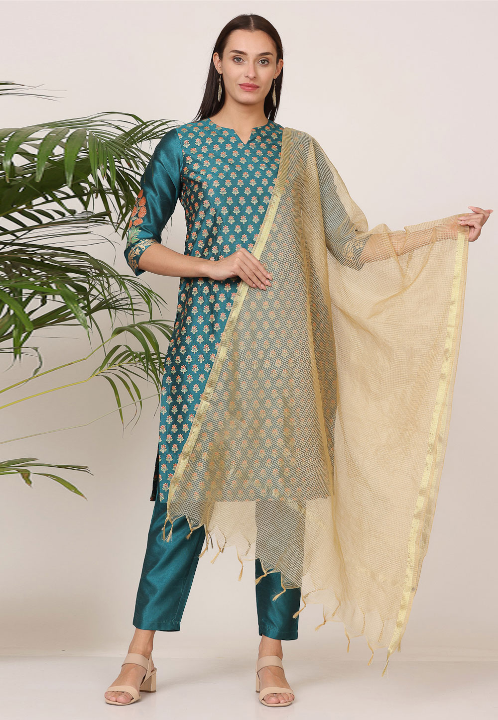 Teal Silk Readymade Pakistani Suit 305514