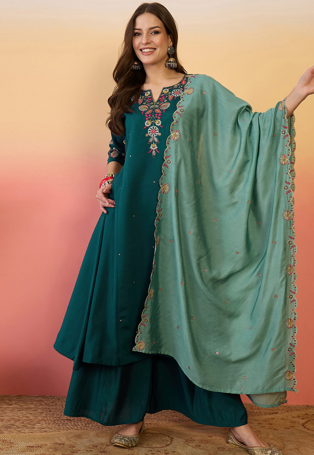 Teal Silk Readymade Pakistani Suit 309153