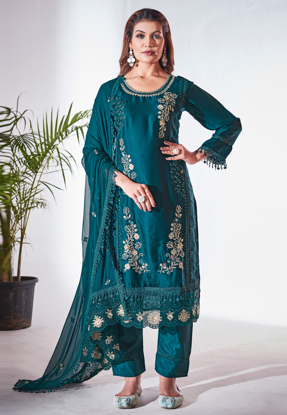 Teal Silk Readymade Pakistani Suit 279392