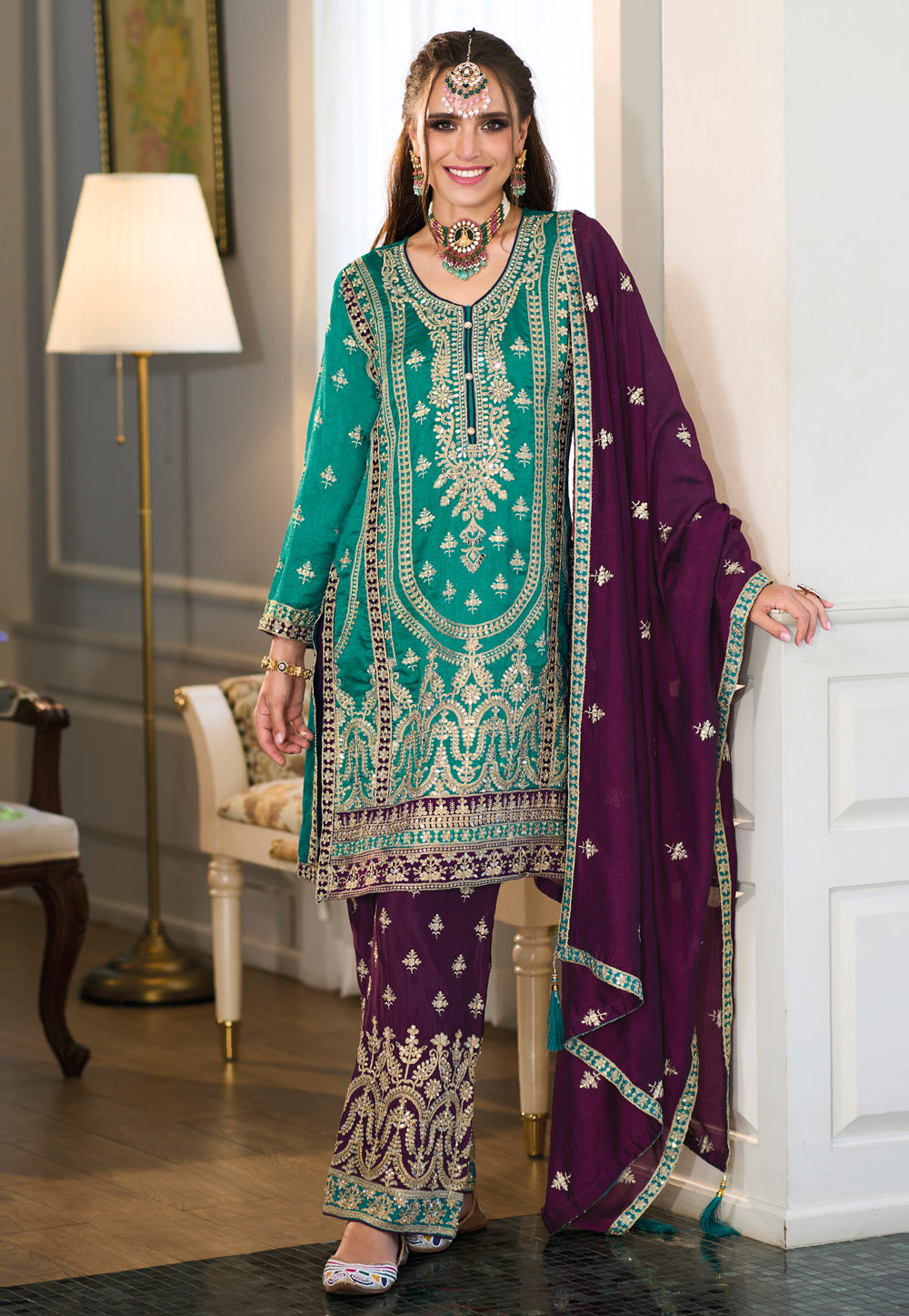 Teal Silk Readymade Palazzo Suit 280573