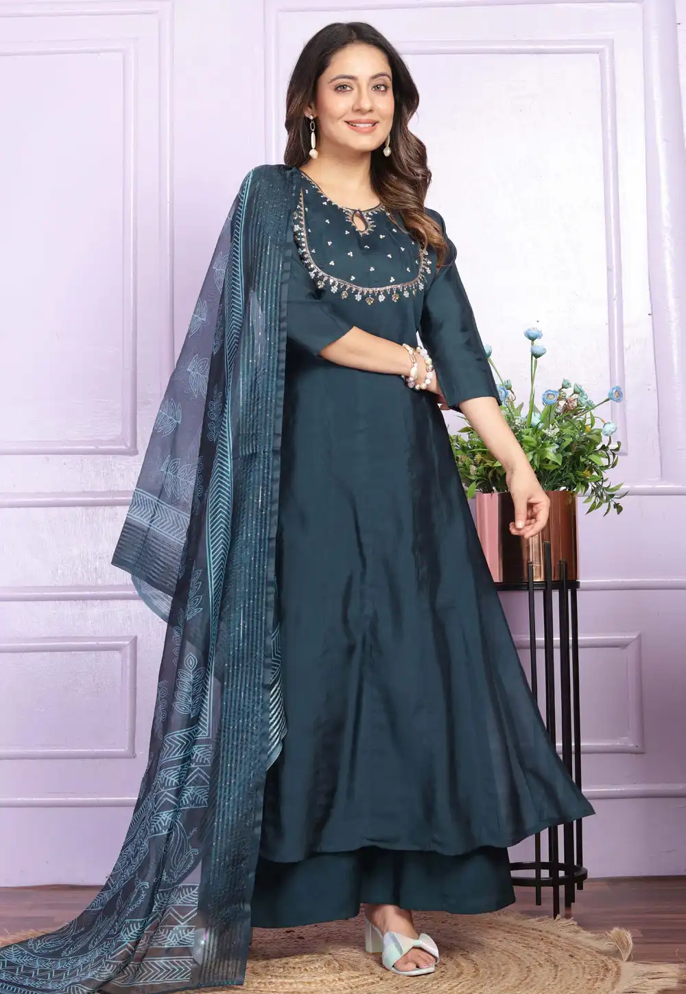 Teal Silk Readymade Palazzo Suit 289151