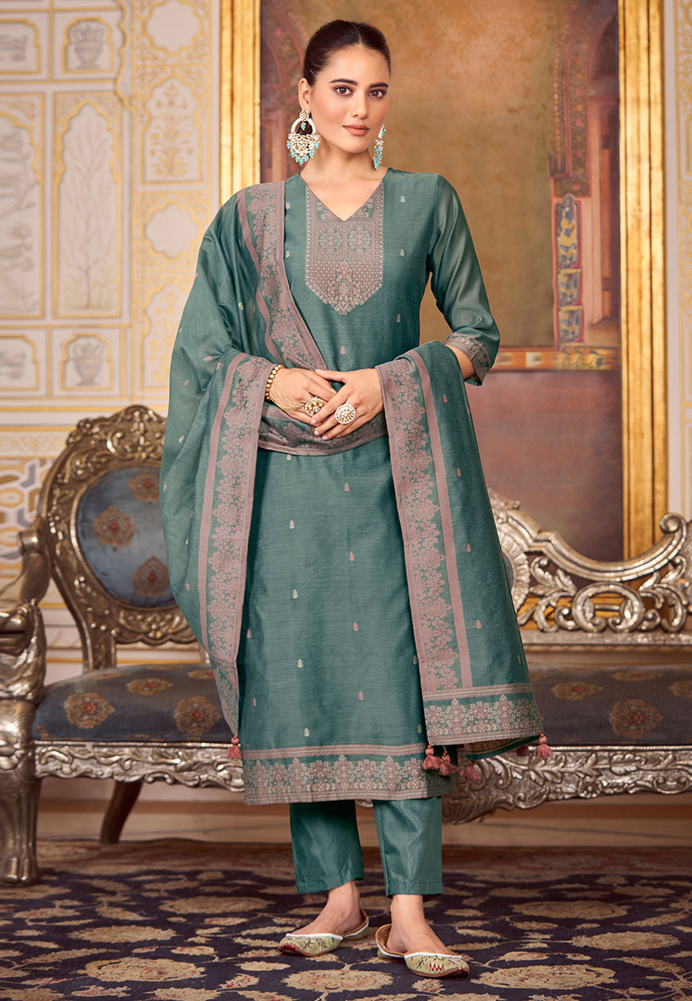 Teal Silk Readymade Pant Style Suit 306289