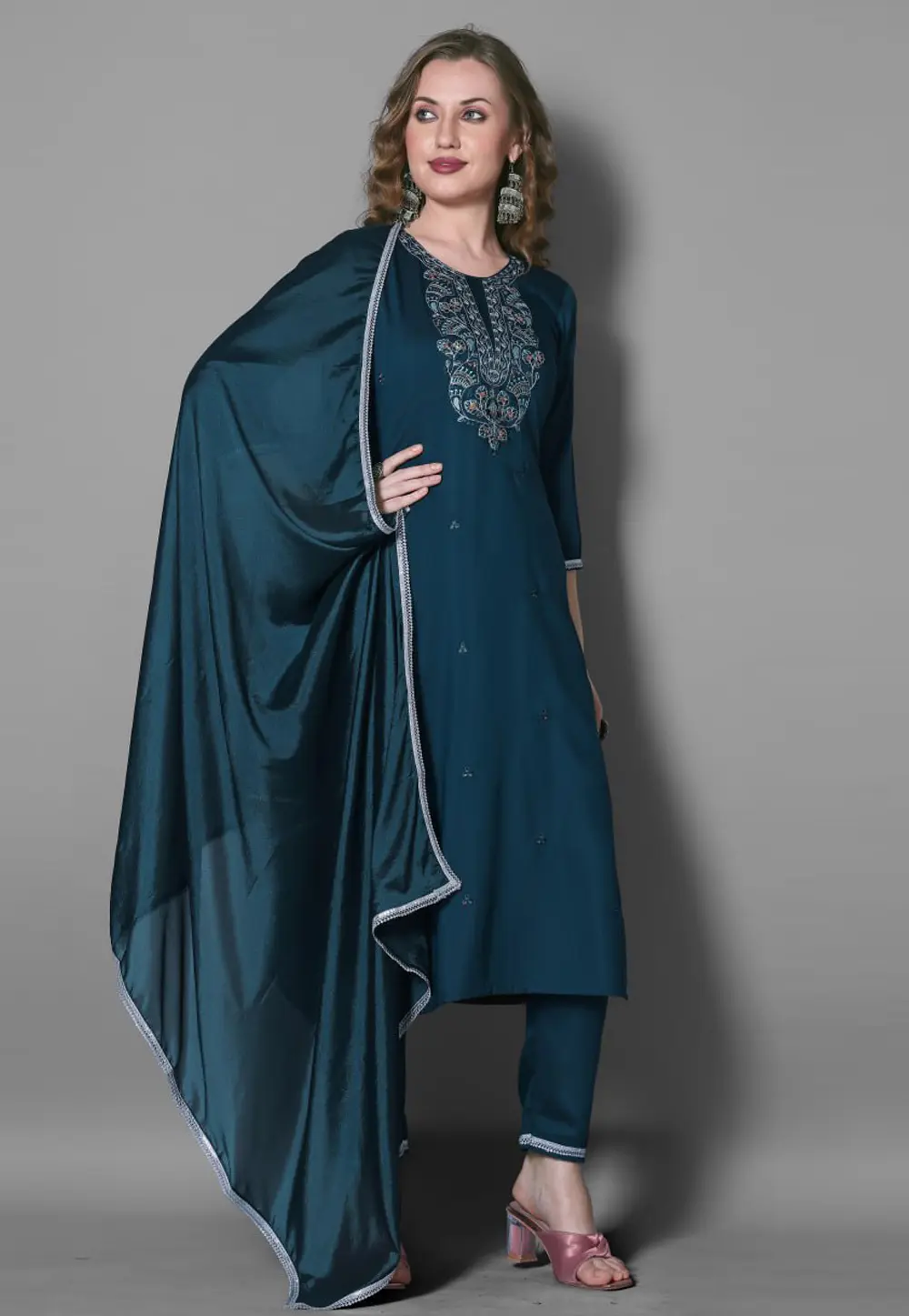 Teal Silk Readymade Pant Style Suit 303254