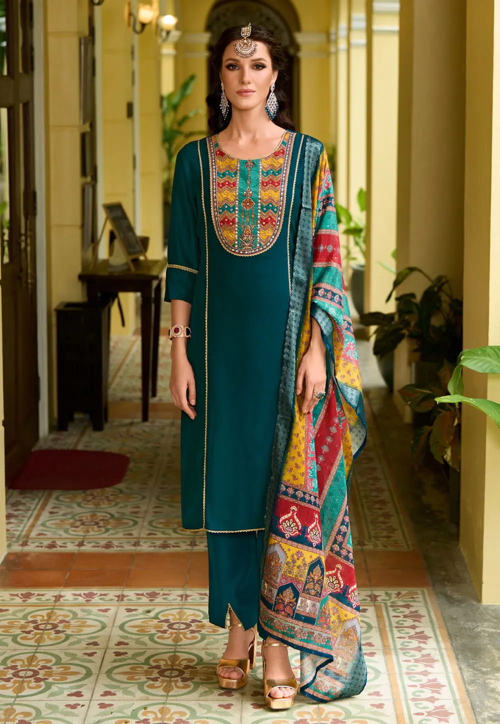 Teal Silk Readymade Pant Style Suit 297005