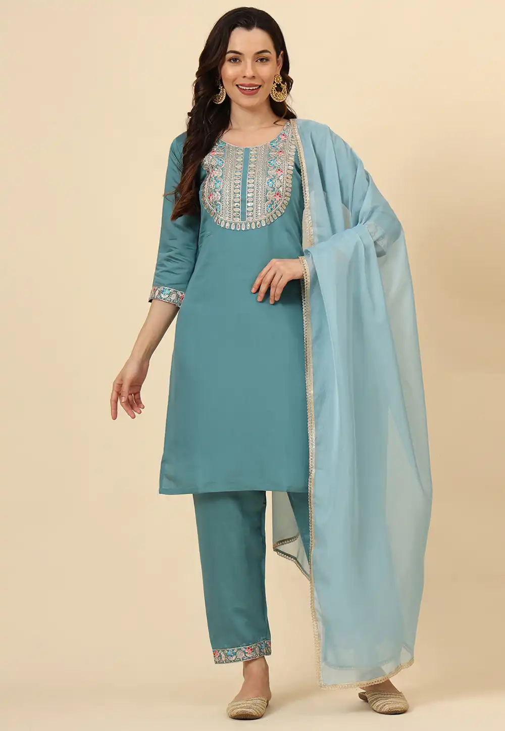 Teal Silk Readymade Pant Style Suit 293449