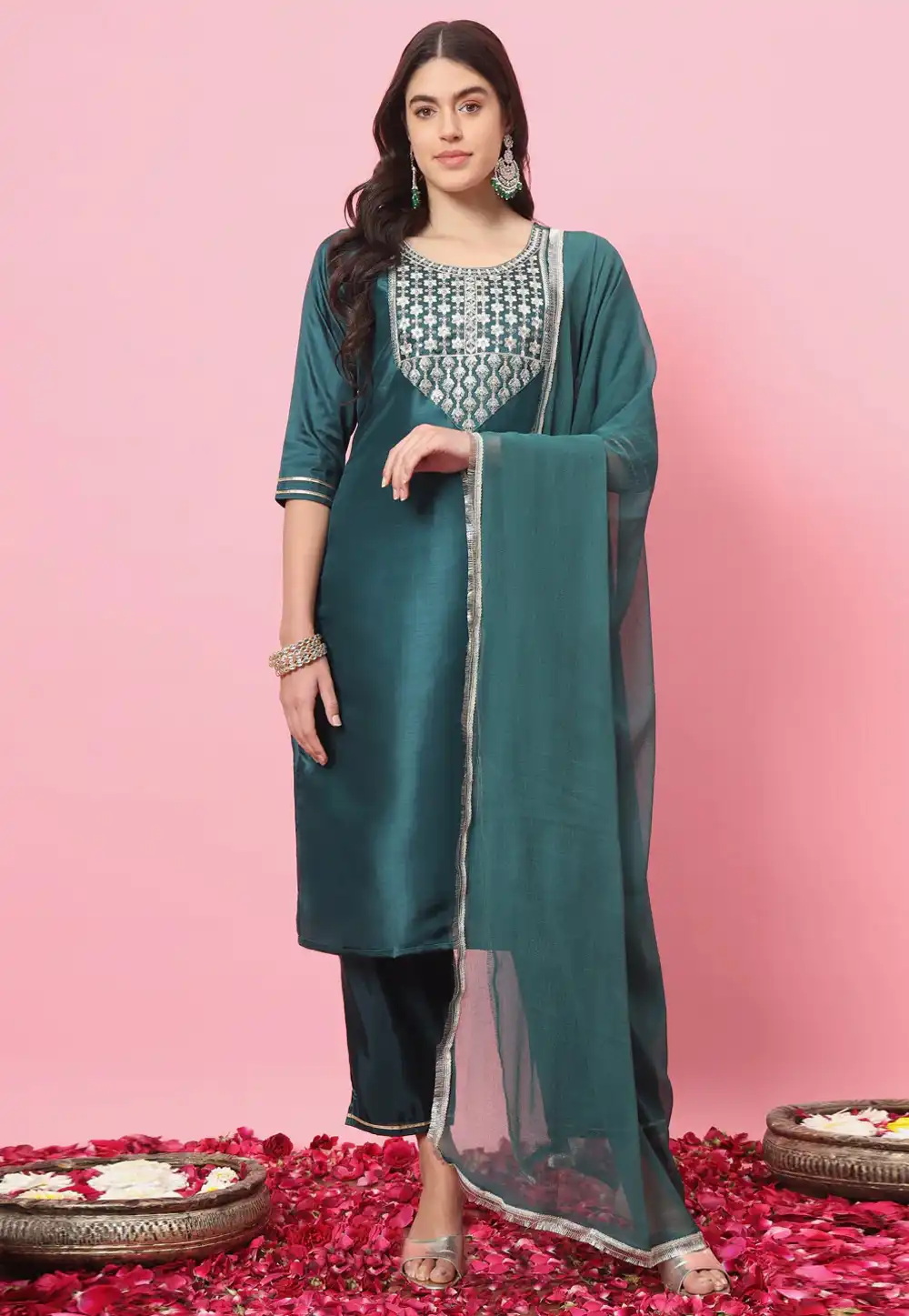 Teal Silk Readymade Pant Style Suit 289345