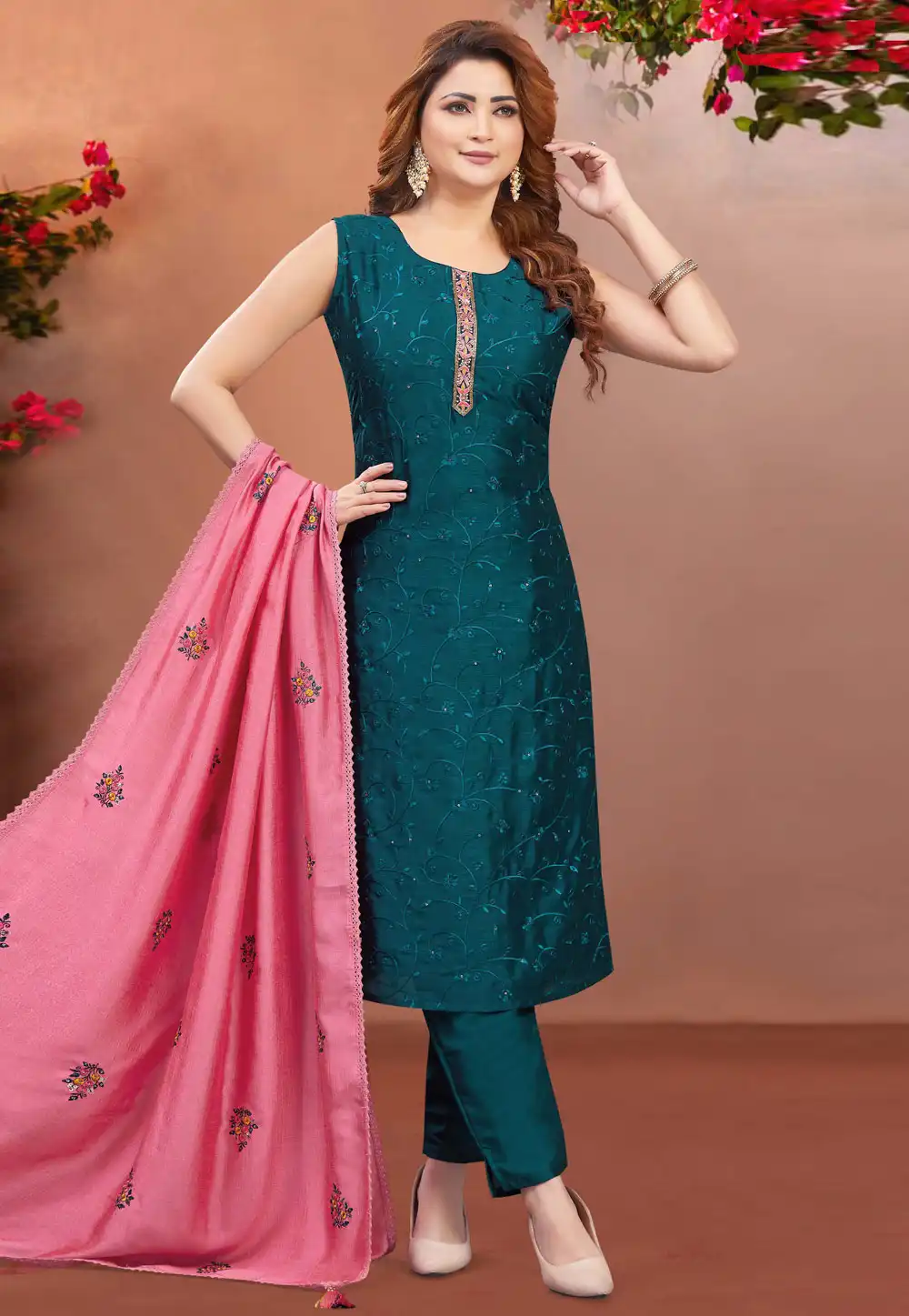 Teal Silk Readymade Pant Style Suit 294090