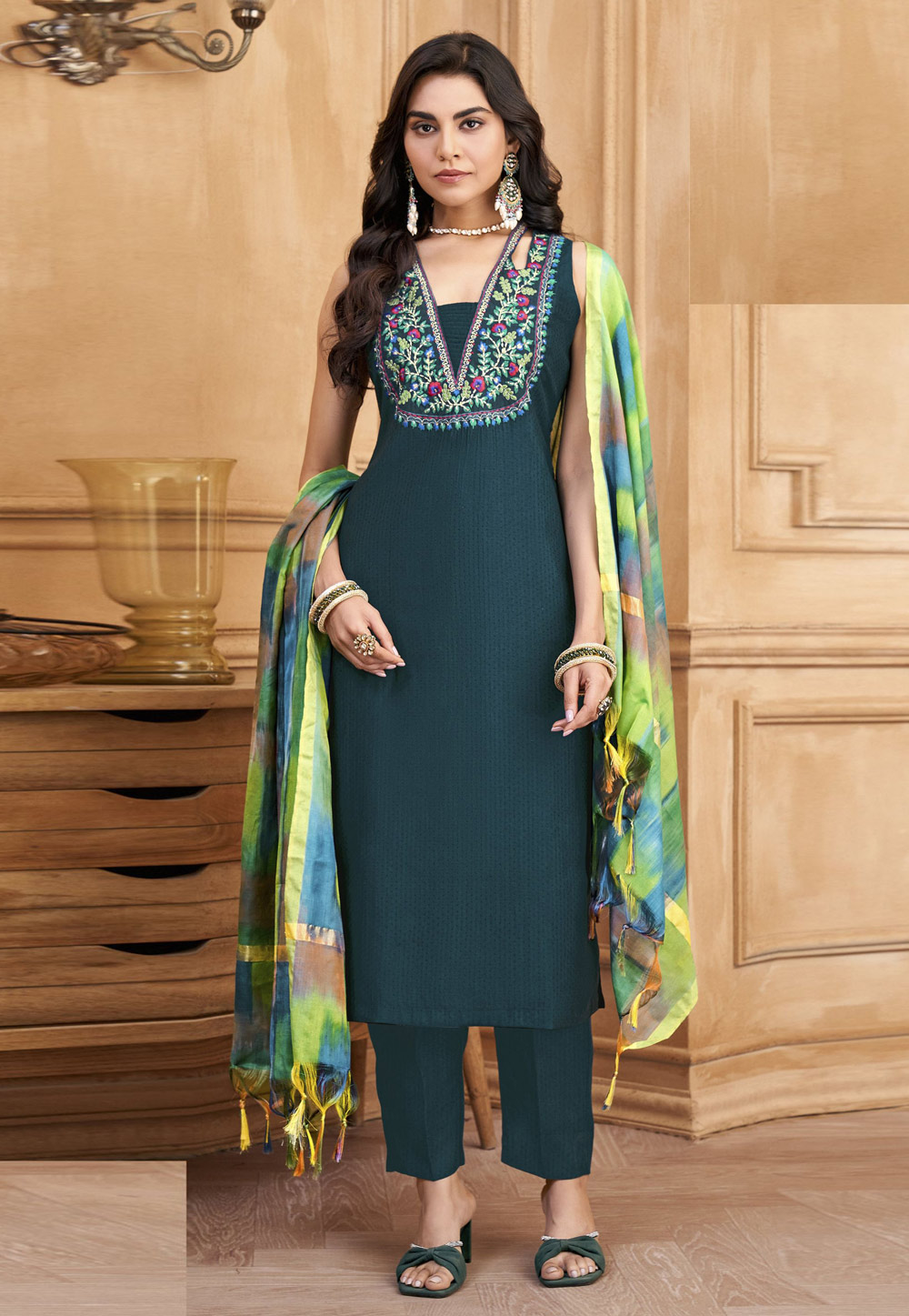 Teal Silk Readymade Pant Style Suit 310879