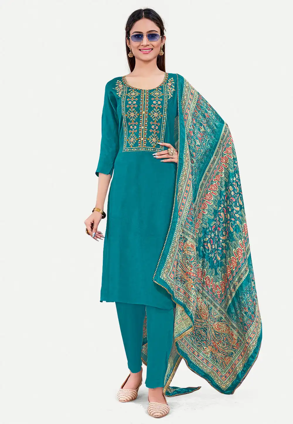 Teal Silk Readymade Pant Style Suit 288169