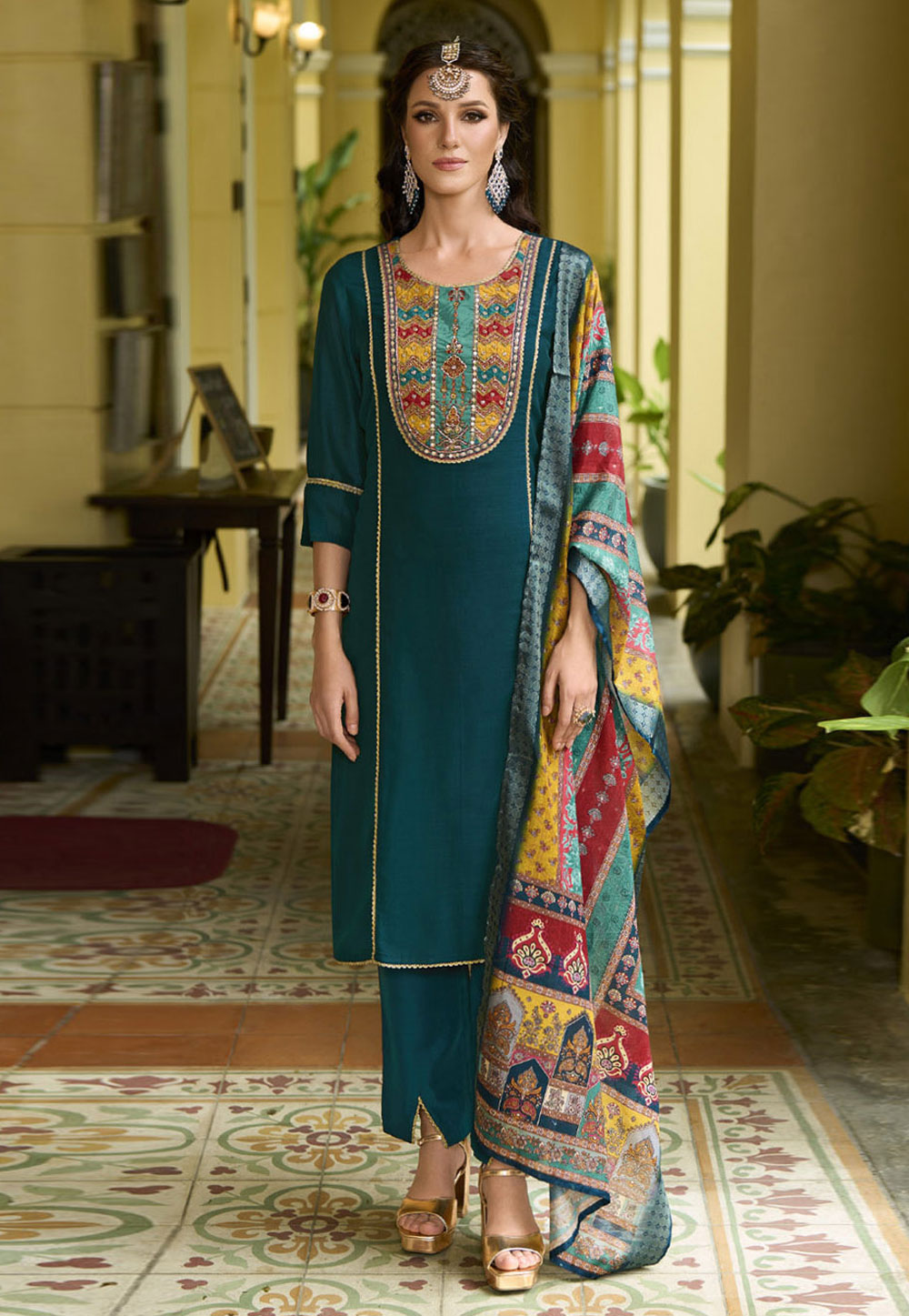 Teal Silk Readymade Pant Style Suit 309704