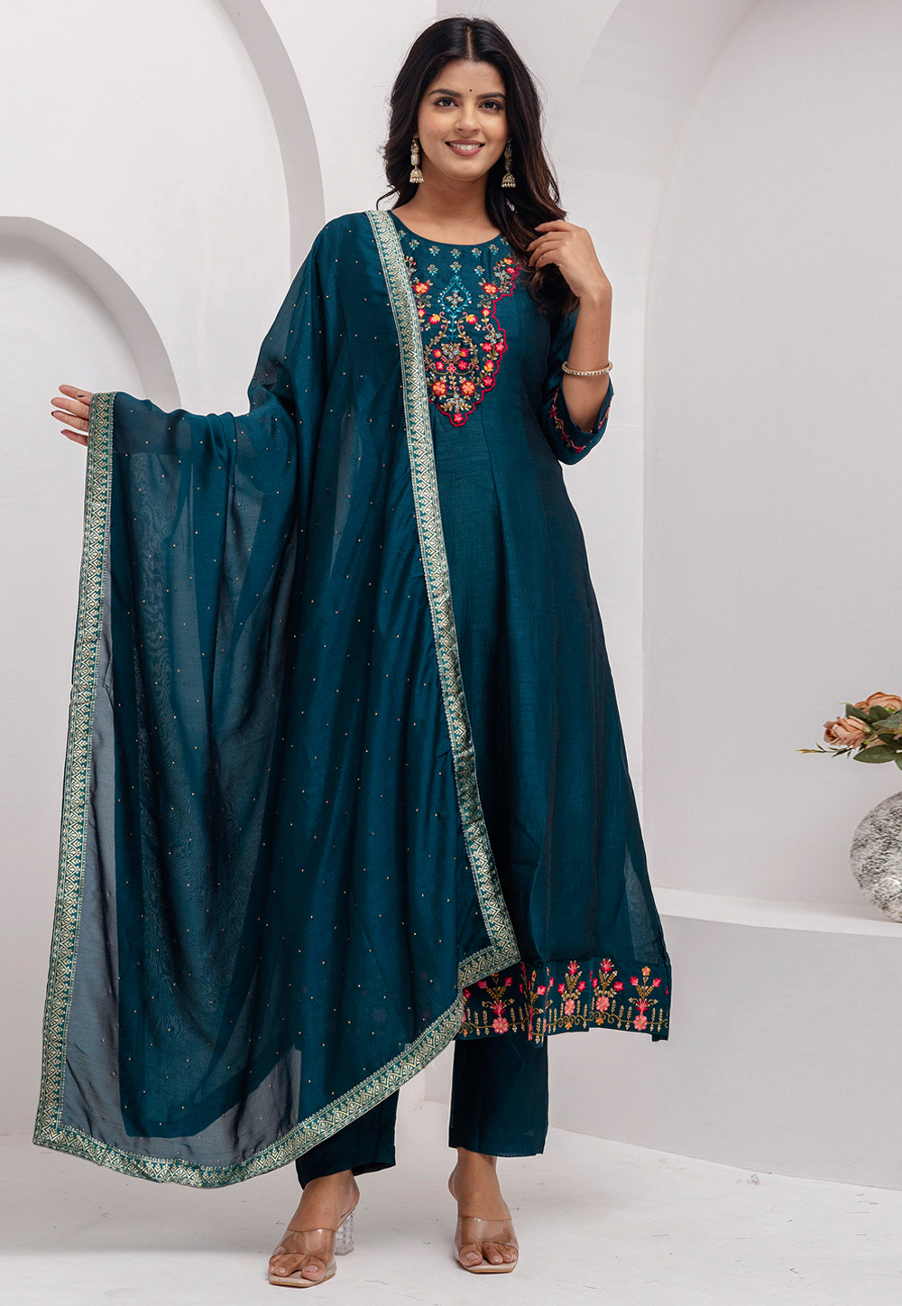 Teal Silk Readymade Pant Style Suit 309700