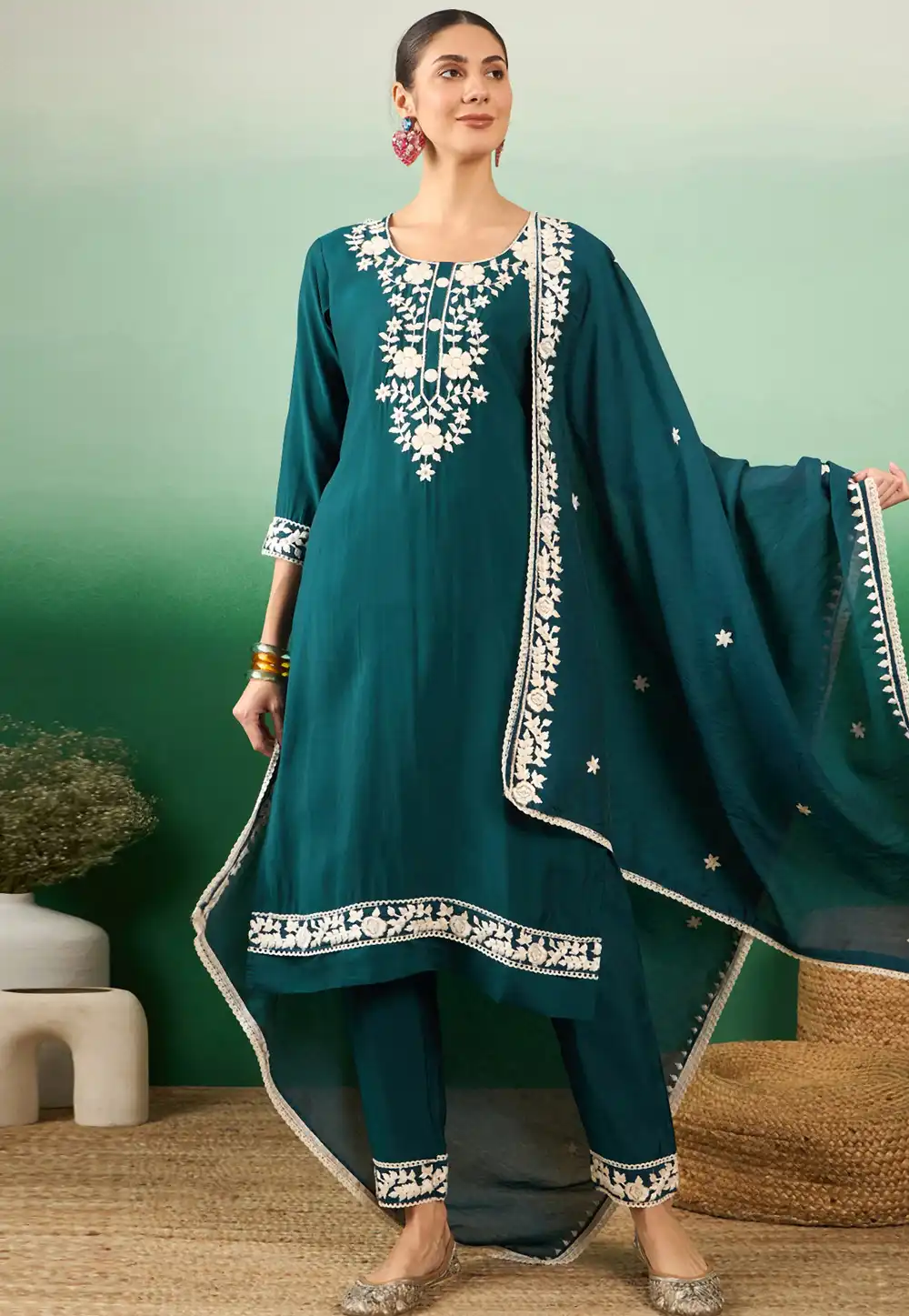 Teal Silk Readymade Pant Style Suit 289807