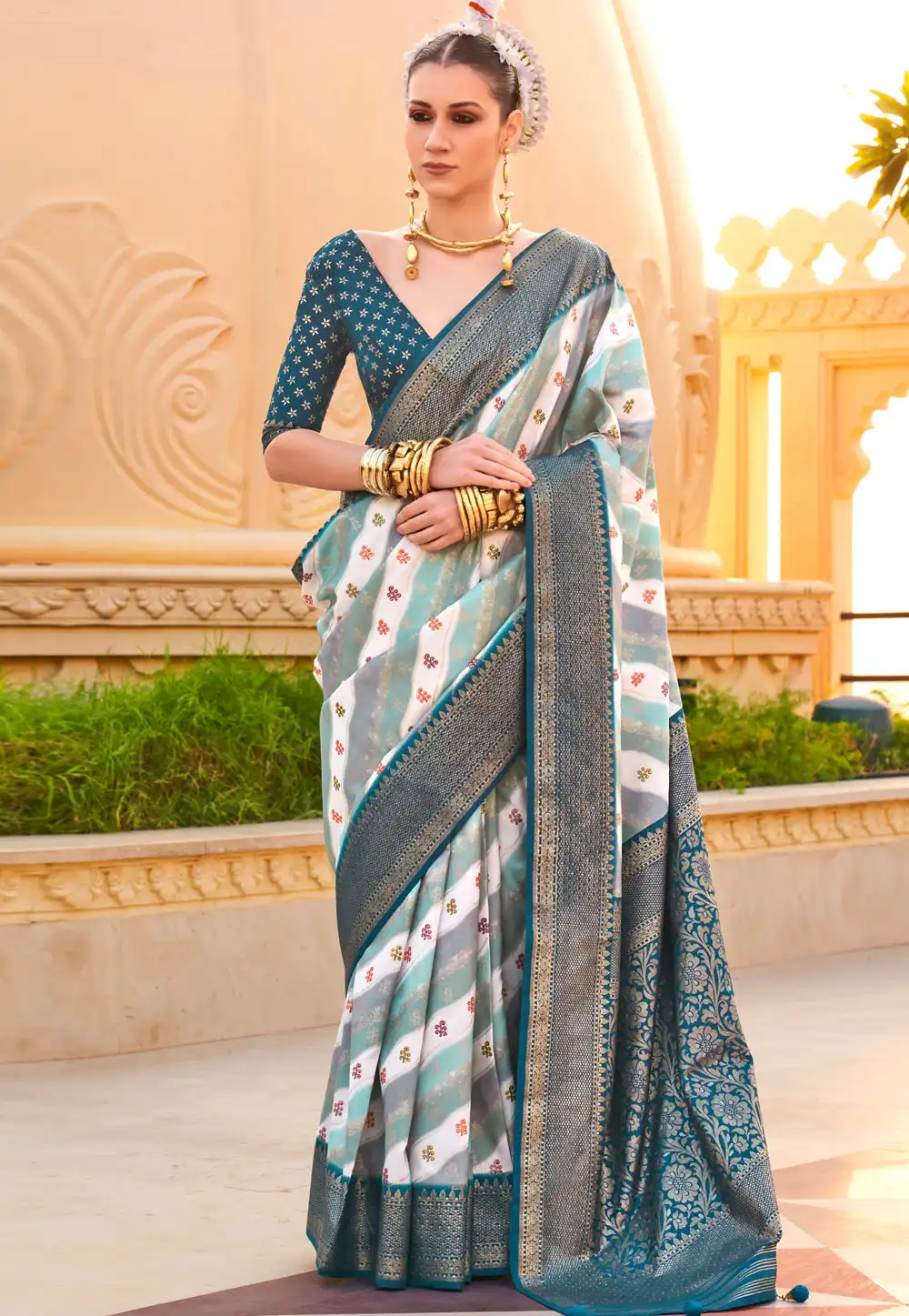 Teal Silk Saree With Blouse 291366