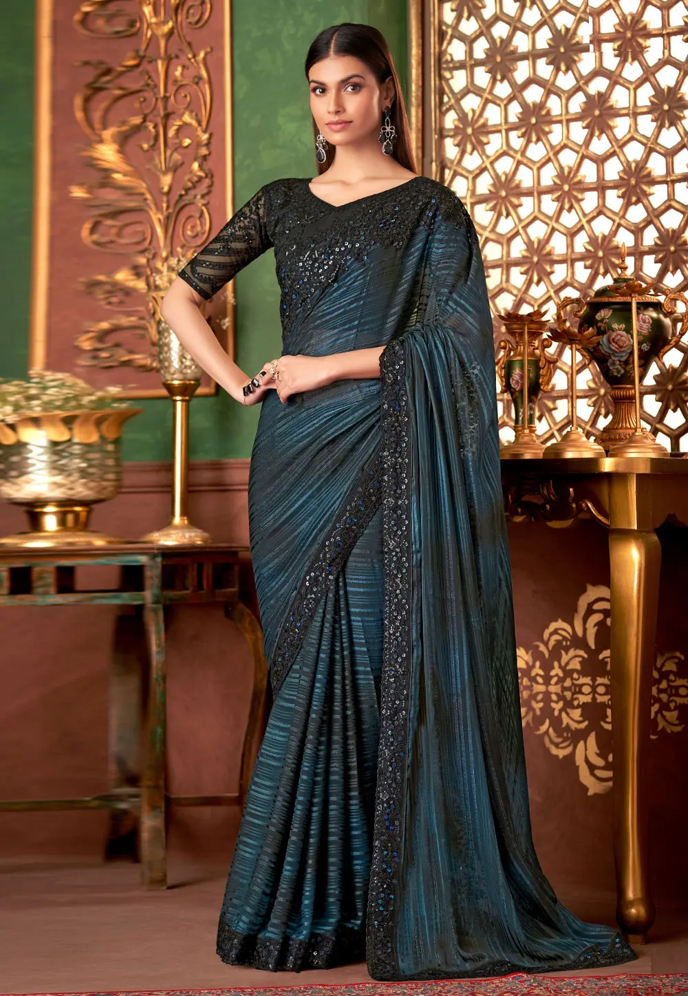 Teal Silk Saree With Blouse 301113