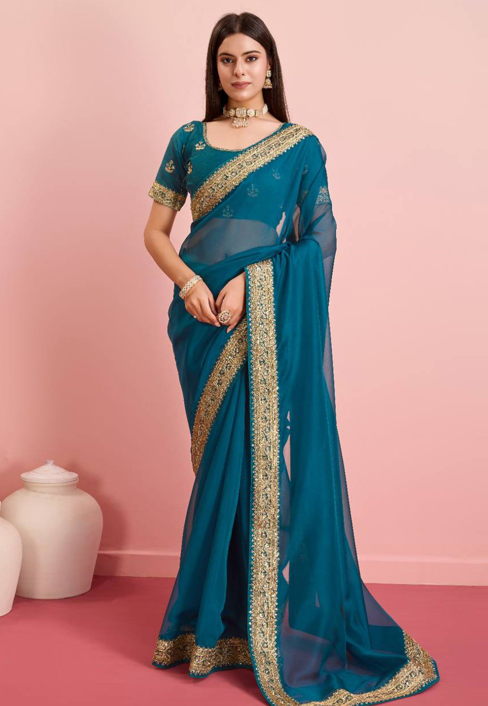 Teal Silk Saree With Blouse 286310