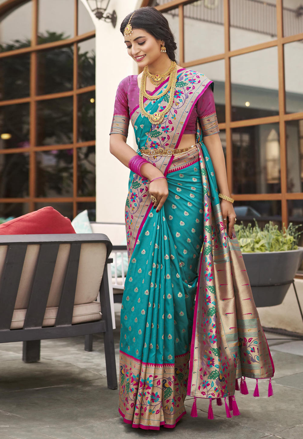 Teal Silk Saree With Blouse 286584