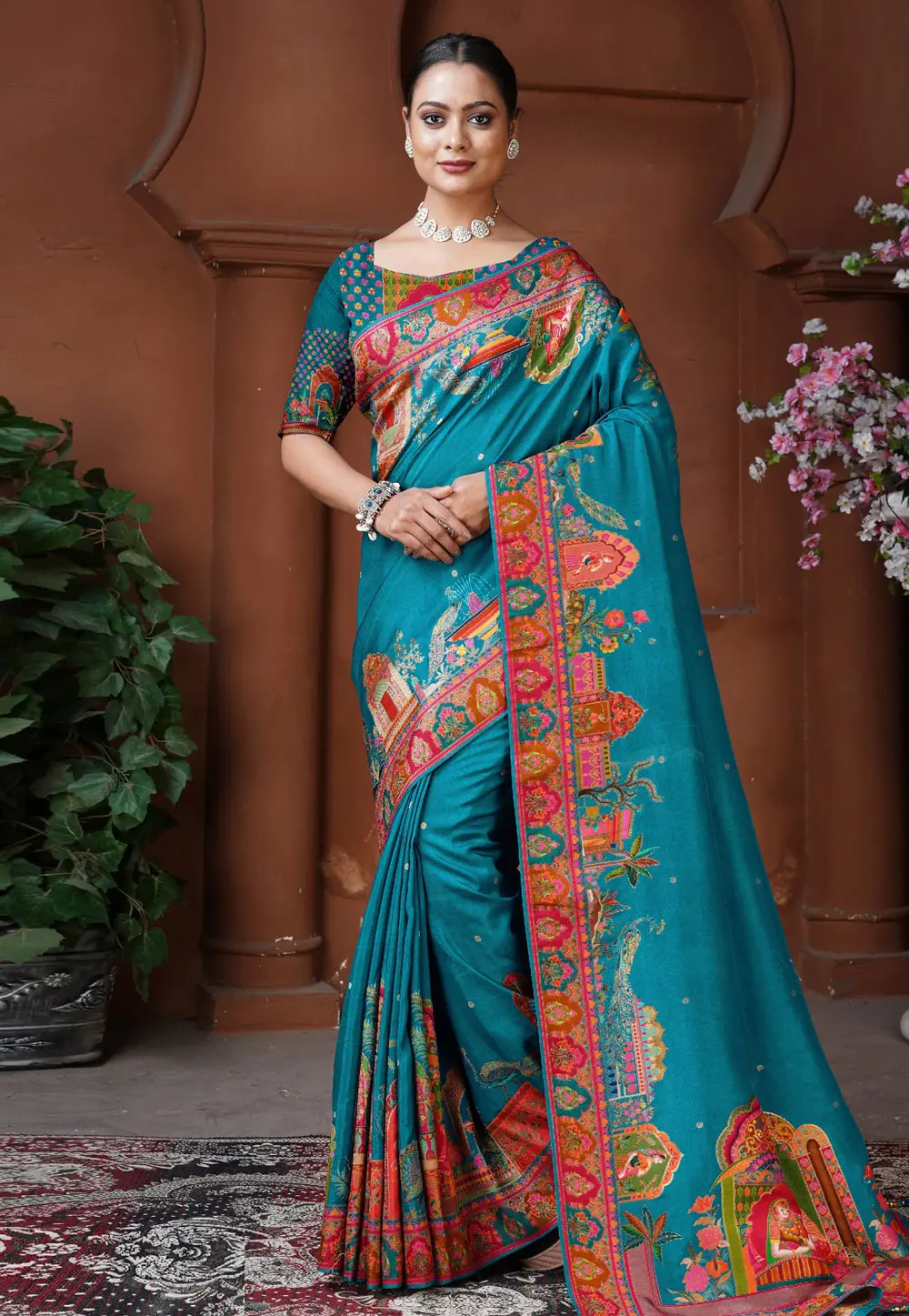 Teal Silk Saree With Blouse 303645