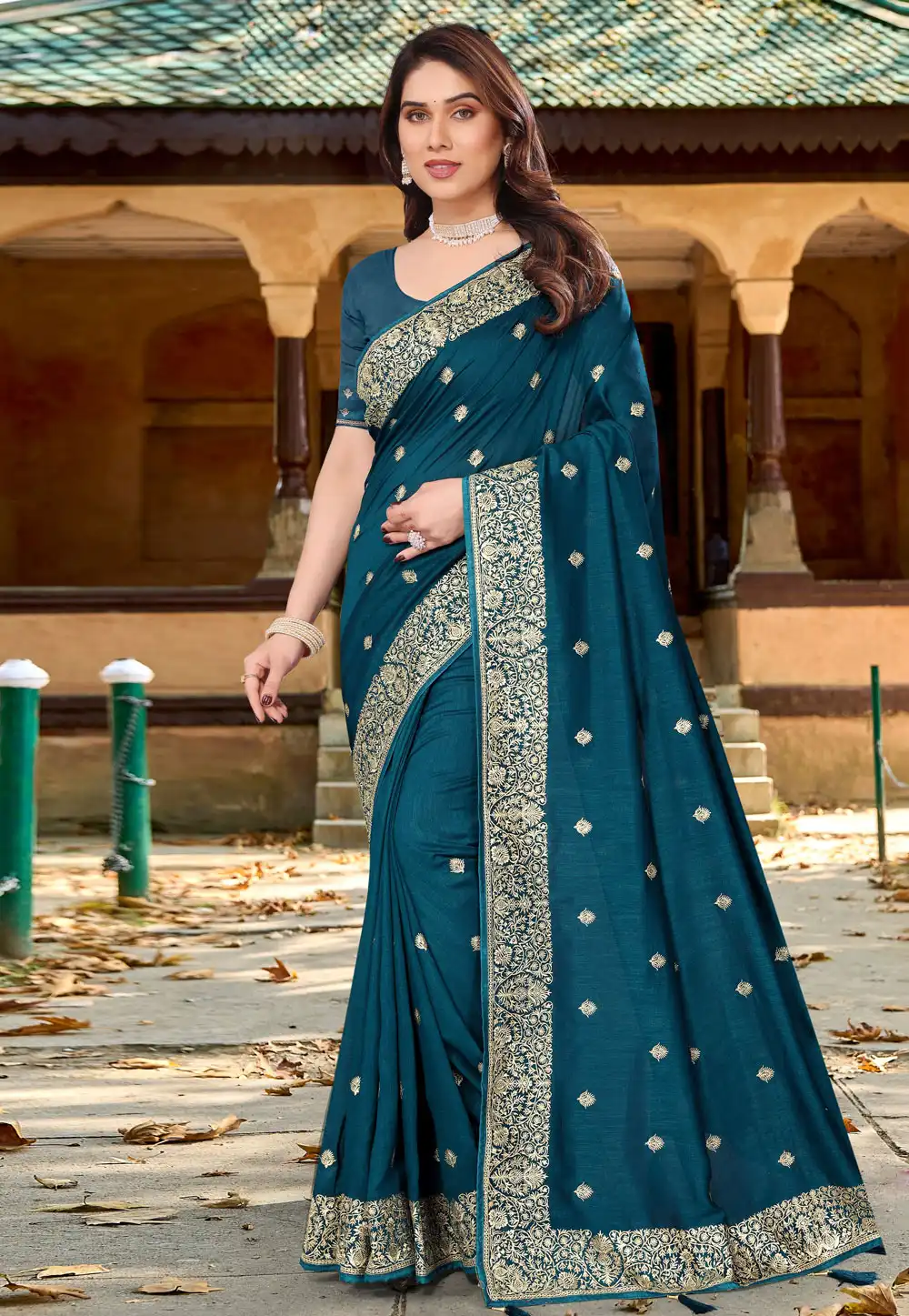 Teal Silk Saree With Blouse 289487