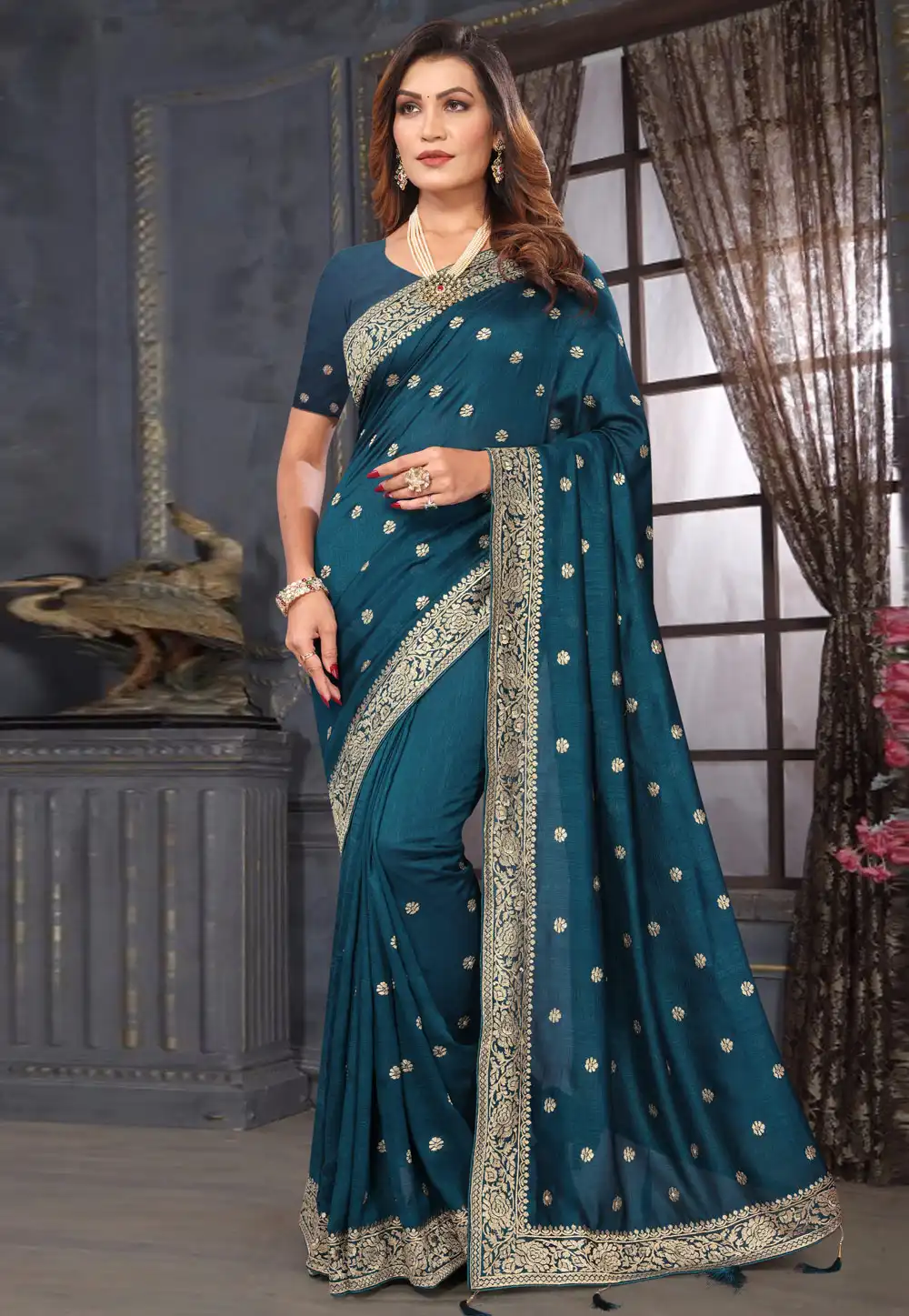 Teal Silk Saree With Blouse 291904