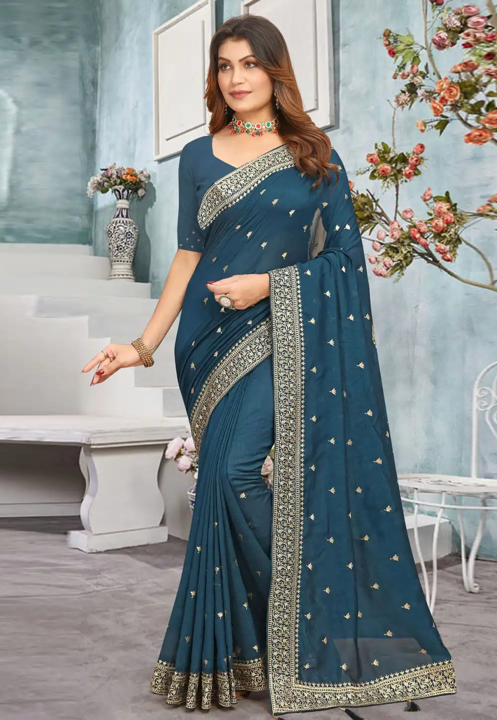 Teal Silk Saree With Blouse 292452