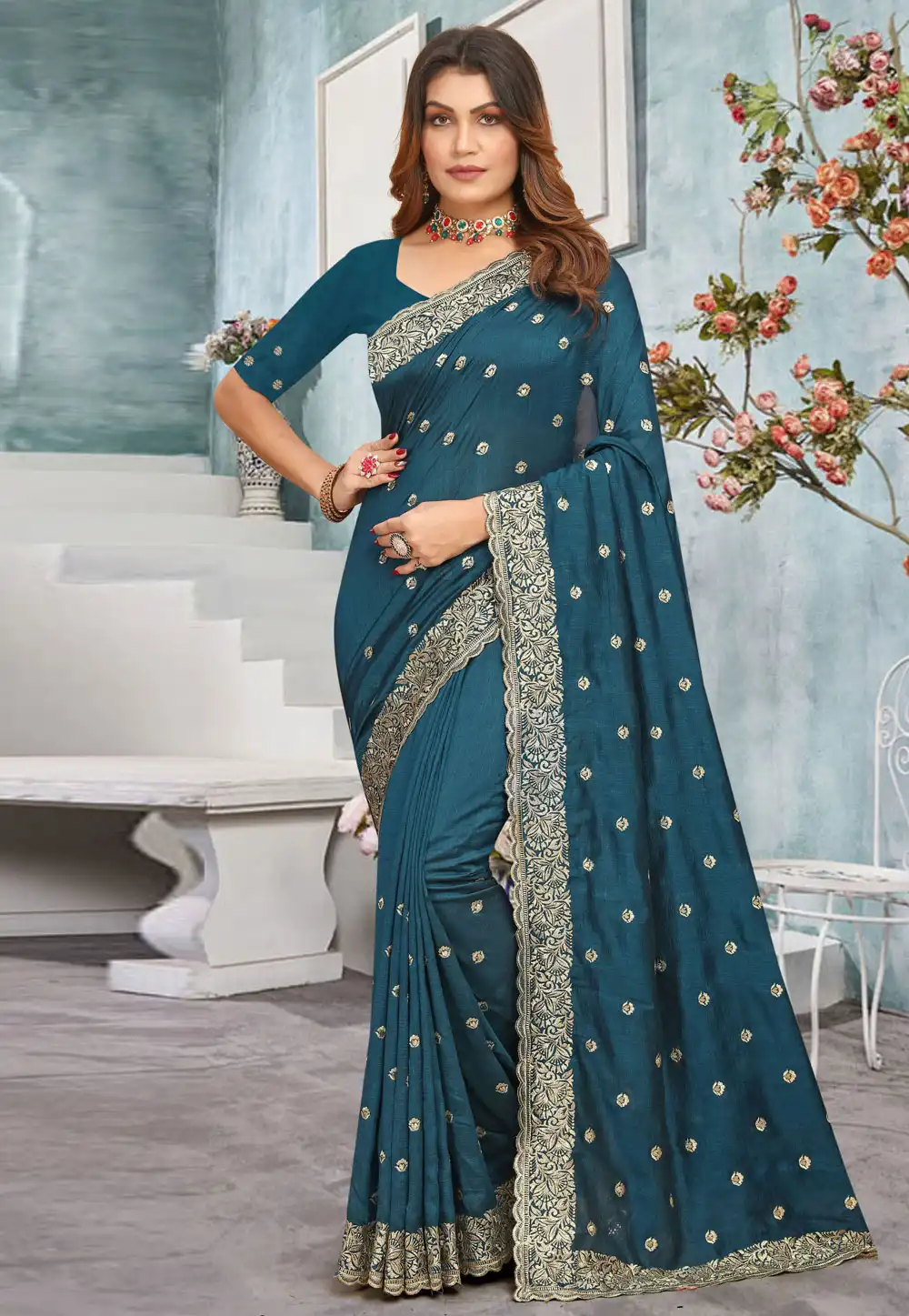 Teal Silk Saree With Blouse 293056