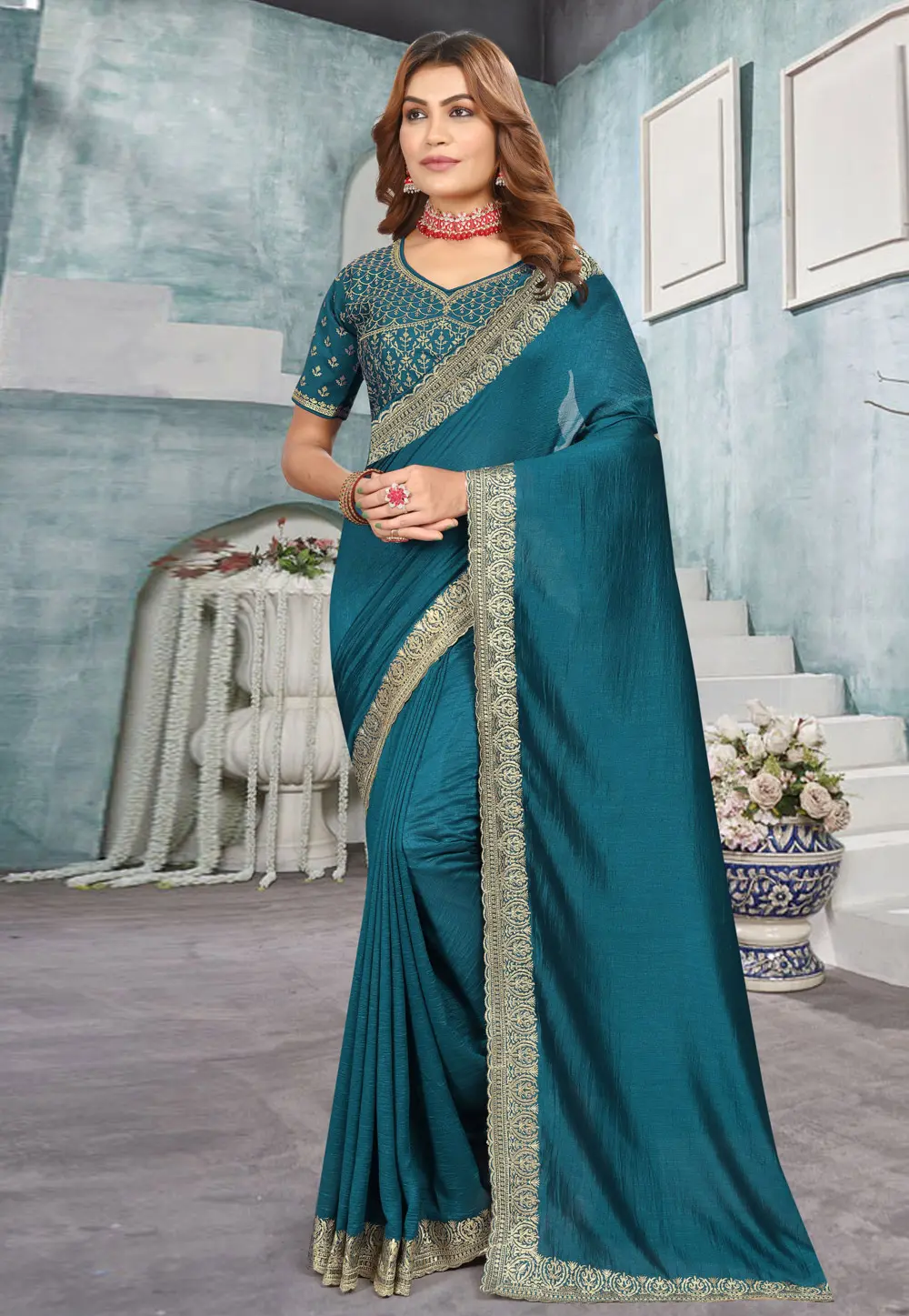 Teal Silk Saree With Blouse 299105